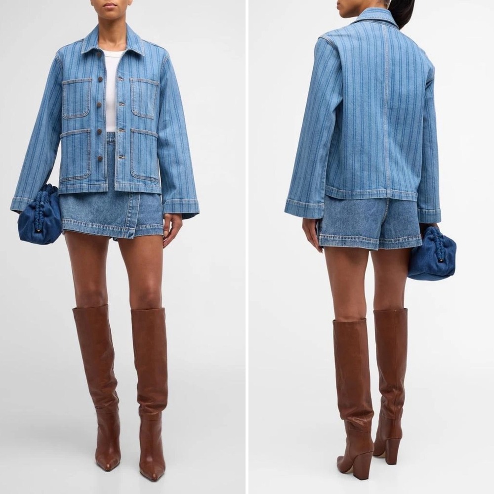 Veronica Beard Dahl Denim Jacket Size Medium Sapphire Stripe Chic Oversized Boxy - Picture 2 of 16